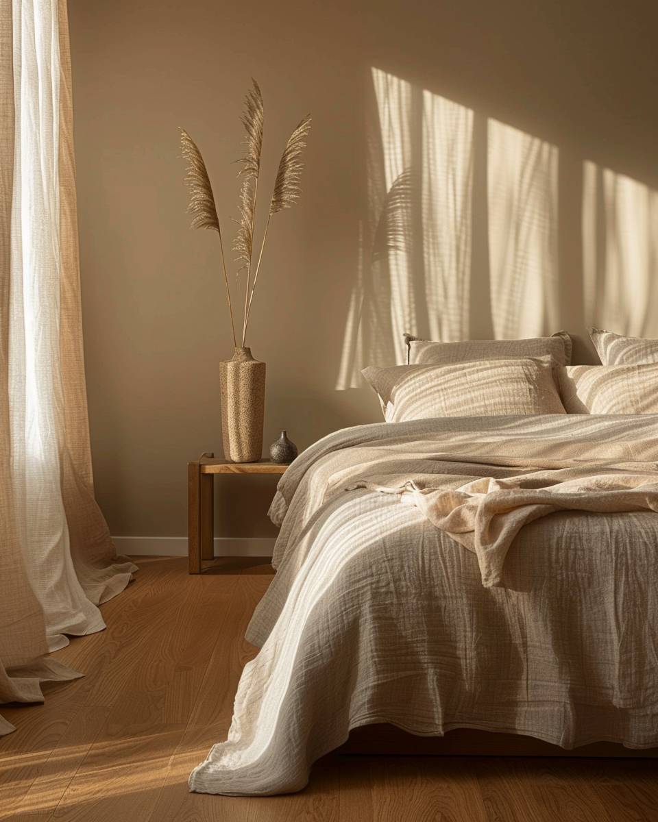 Schlafzimmer in Sandtönen gestalten- Dekoriere sparsam mit getrocknetem Schilfgras