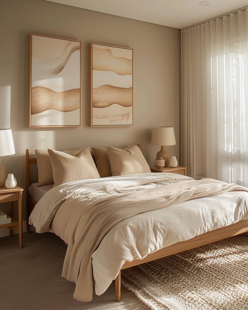 Schlafzimmer in Sandtönen gestalten- Experimentiere mit abstrakter Kunst in Sandfarben