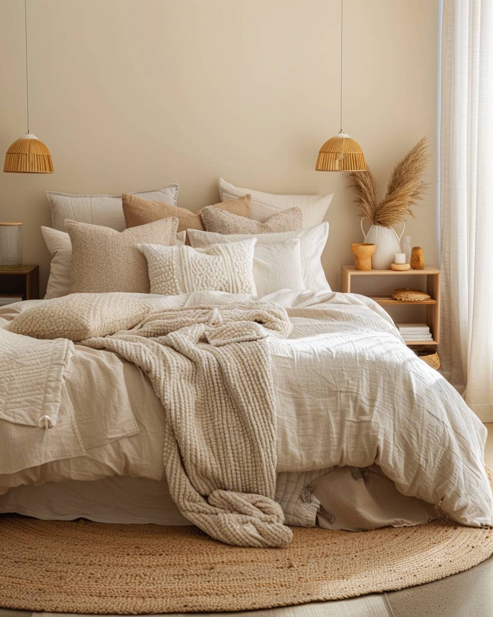 Schlafzimmer in Sandtönen gestalten- Schmücke dein Bett mit kuscheligen Kissen