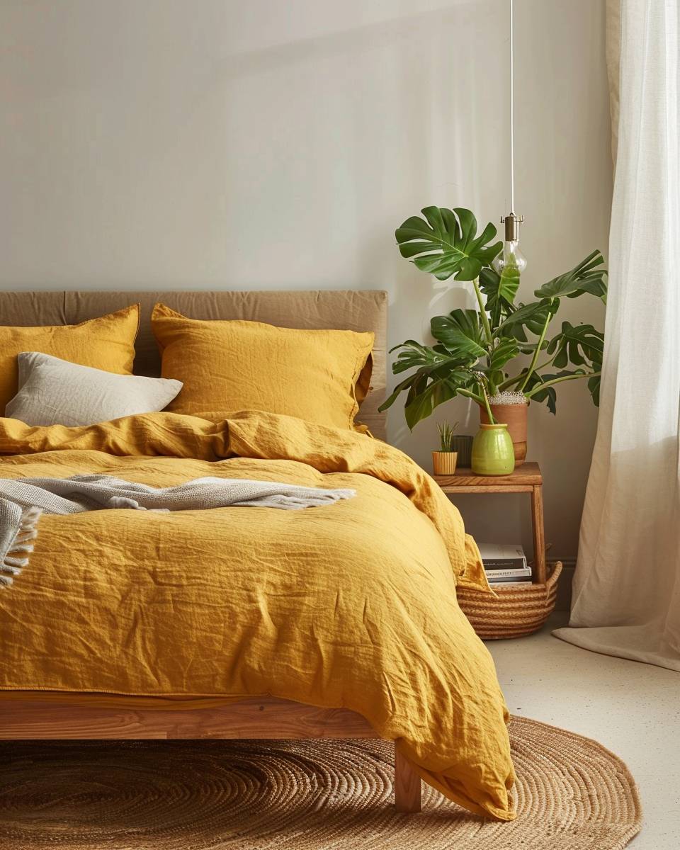 Schlafzimmer in Senfgelb gestalten-Wähle senfgelbe Bettwäsche aus natürlichen Materialien