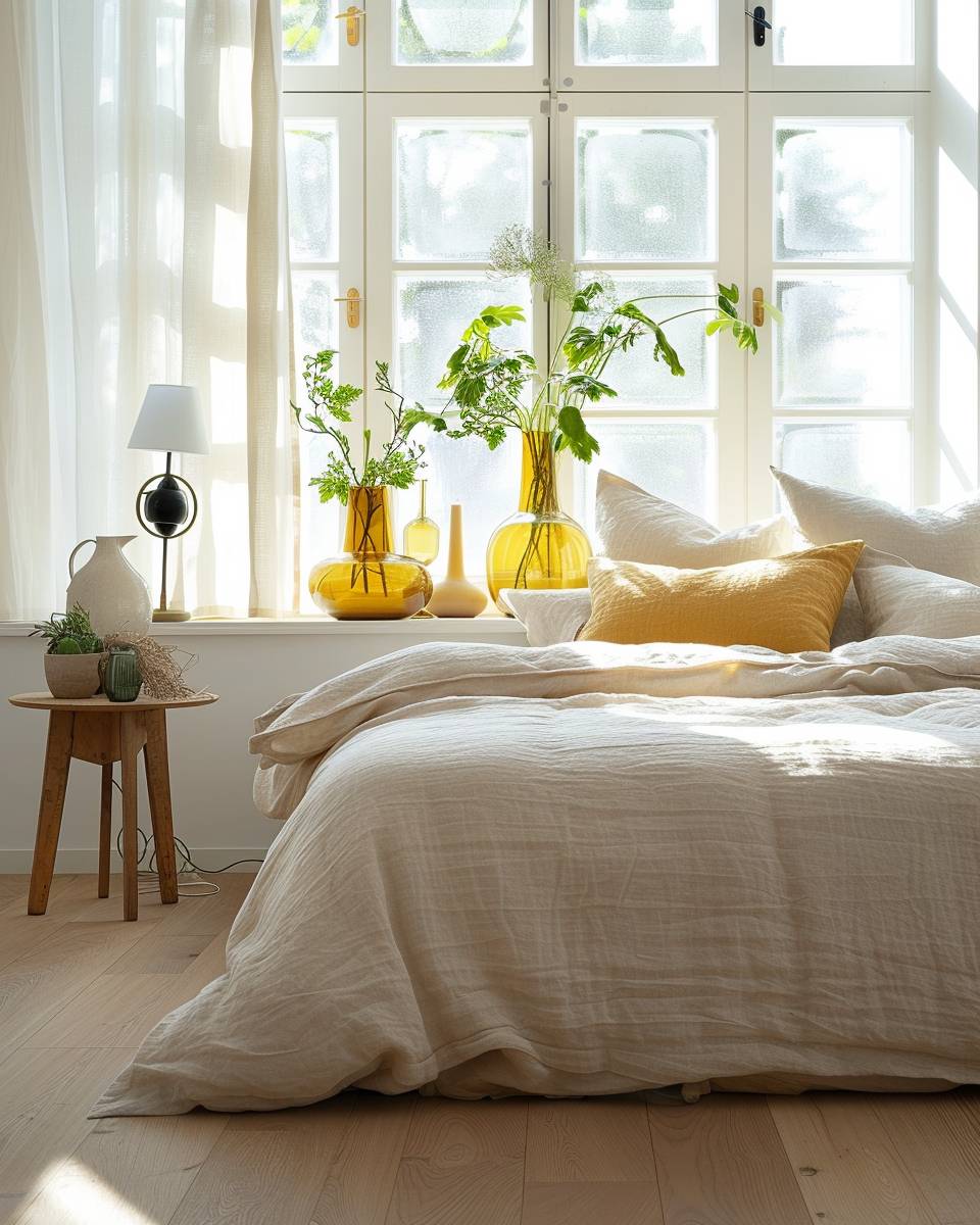 Schlafzimmer in Senfgelb gestalten- Betone deine Fensterbank mit senfgelben Accessoires