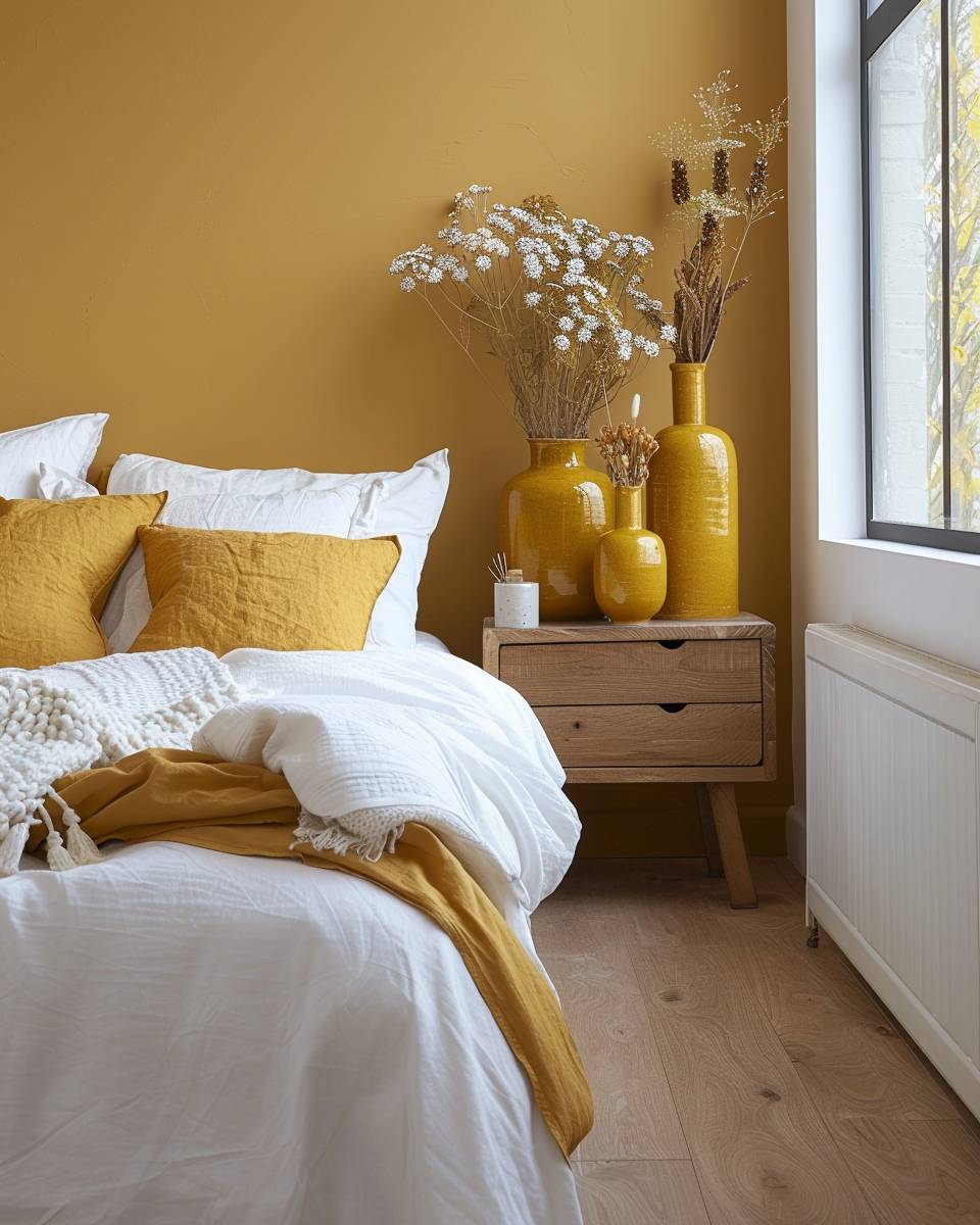 Schlafzimmer in Senfgelb gestalten- Dekoriere mit senfgelben Vasen und Trockenblumen