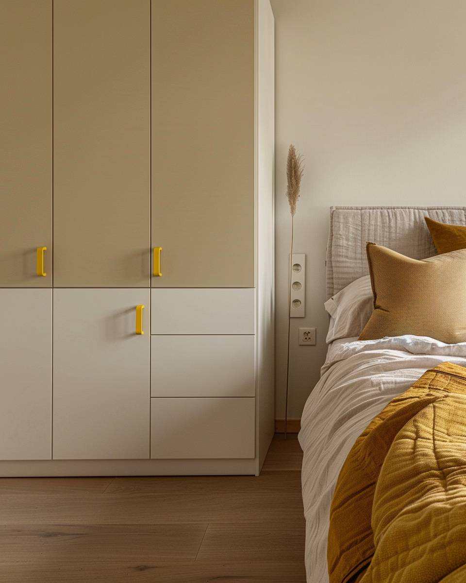 Schlafzimmer in Senfgelb gestalten- Entscheide dich für senfgelbe Möbelgriffe am Kleiderschrank