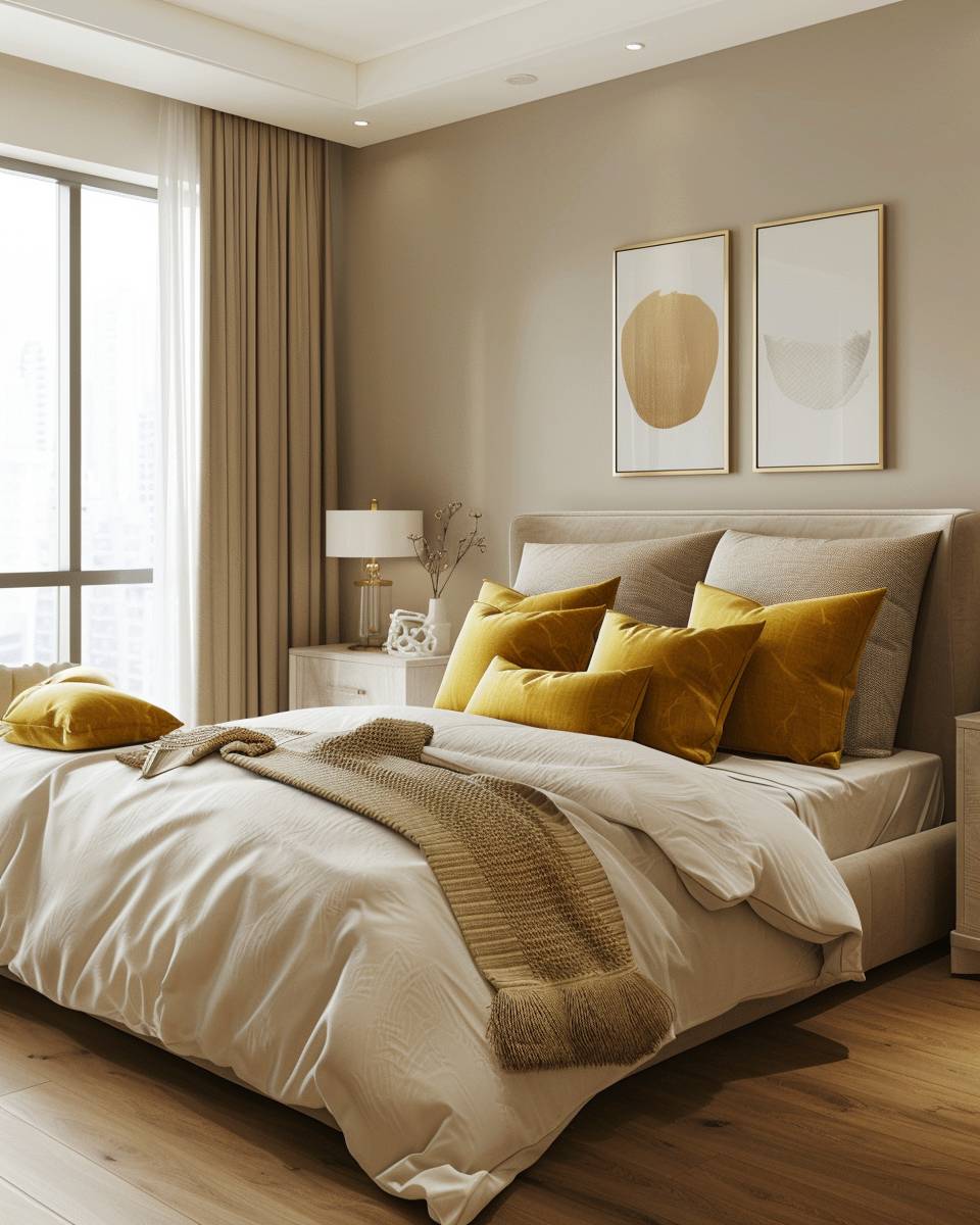 Schlafzimmer in Senfgelb gestalten- Ergänze den Raum mit goldgelben Kissen