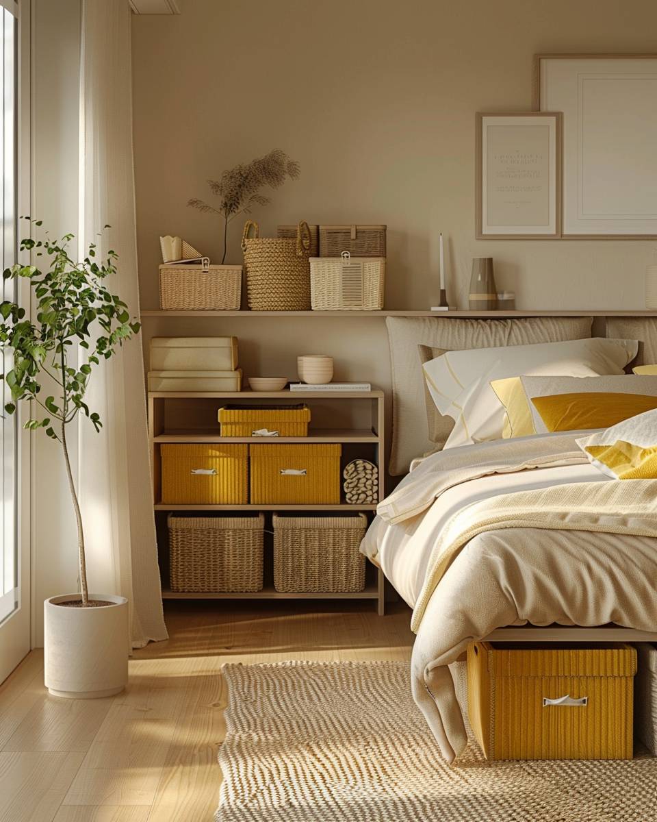 Schlafzimmer in Senfgelb gestalten- Ersetze Boxen oder Körbe durch senfgelbe Varianten