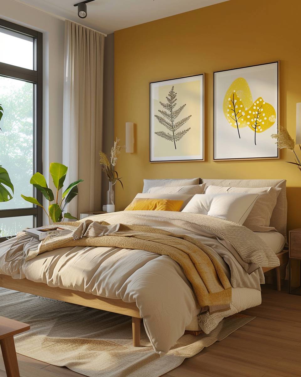 Schlafzimmer in Senfgelb gestalten- Hänge moderne Kunstdrucke mit Senfgelb-Elementen auf