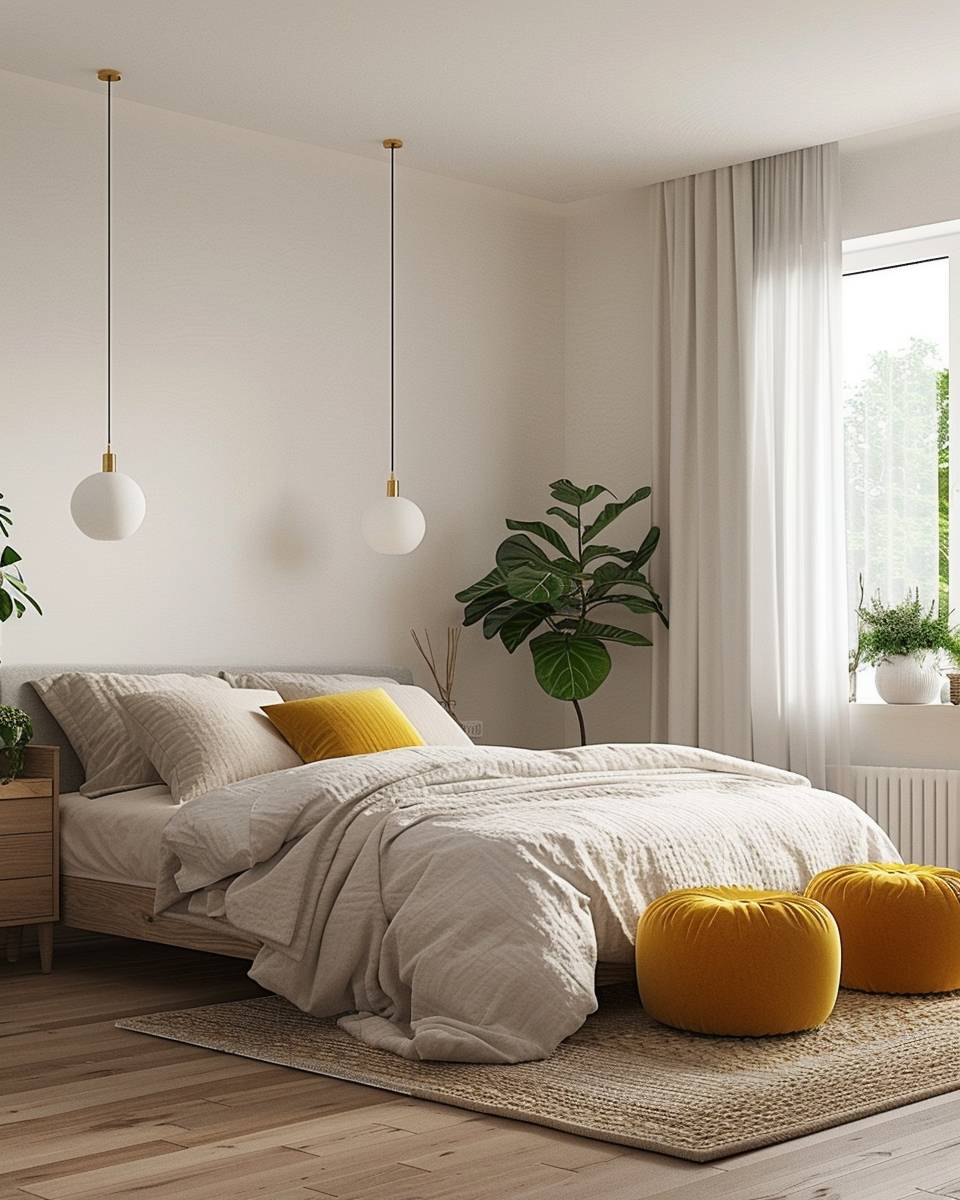 Schlafzimmer in Senfgelb gestalten- Integriere senfgelbe Sitzpoufs als Hingucker