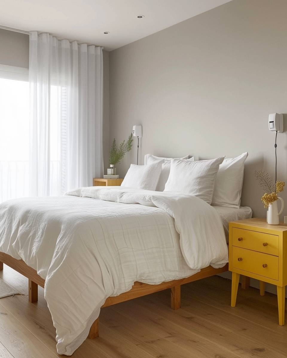 Schlafzimmer in Senfgelb gestalten- Kombiniere senfgelbe Nachttische mit Holzakzenten