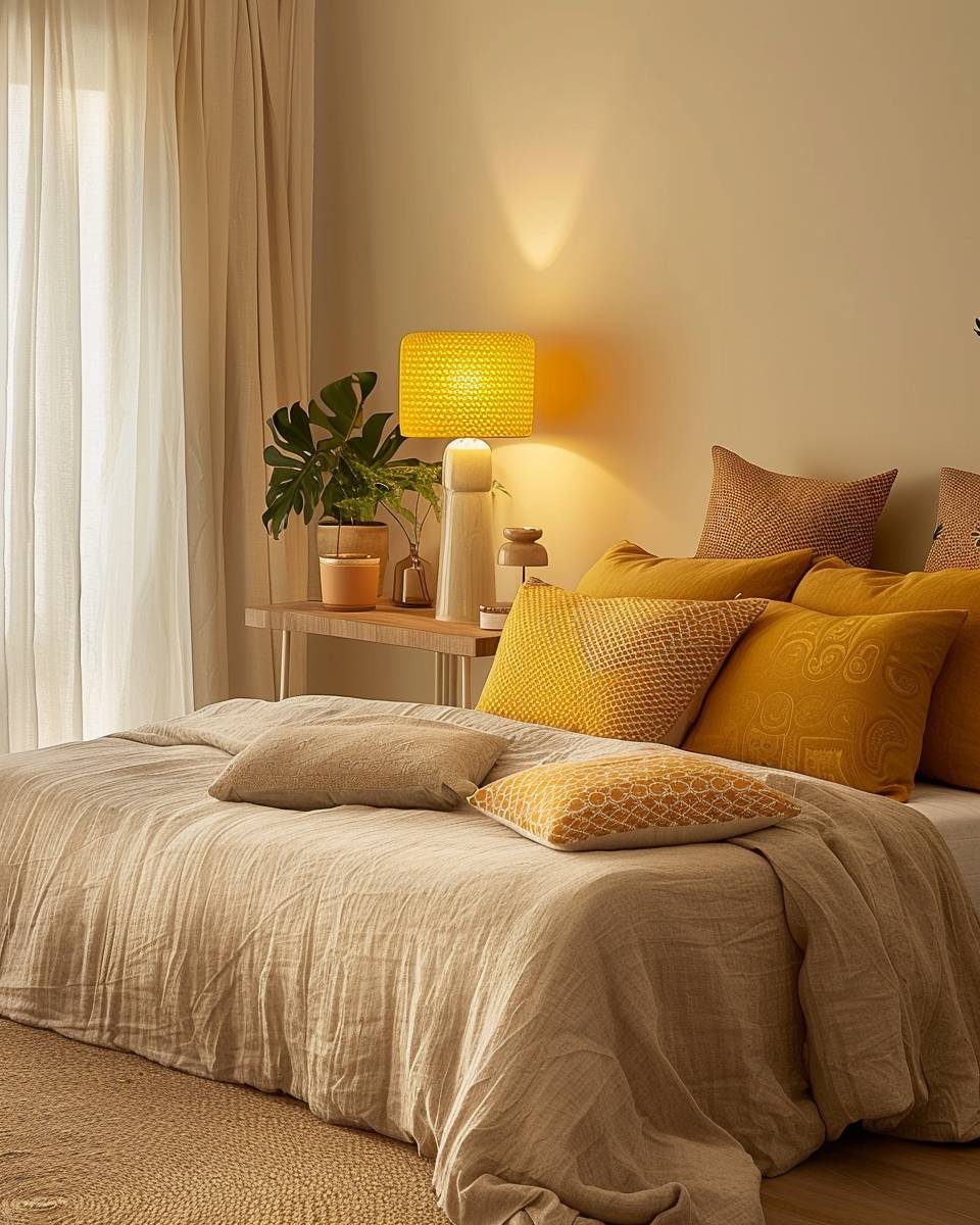 Schlafzimmer in Senfgelb gestalten- Nutze senfgelbe Lampenschirme für gemütliches Licht