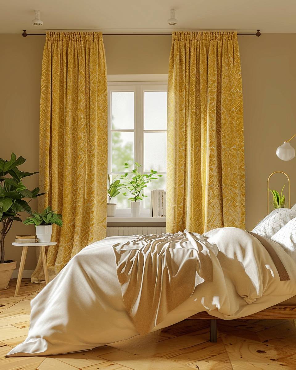 Schlafzimmer in Senfgelb gestalten- Setze auf gemusterte Vorhänge in Senfgelb