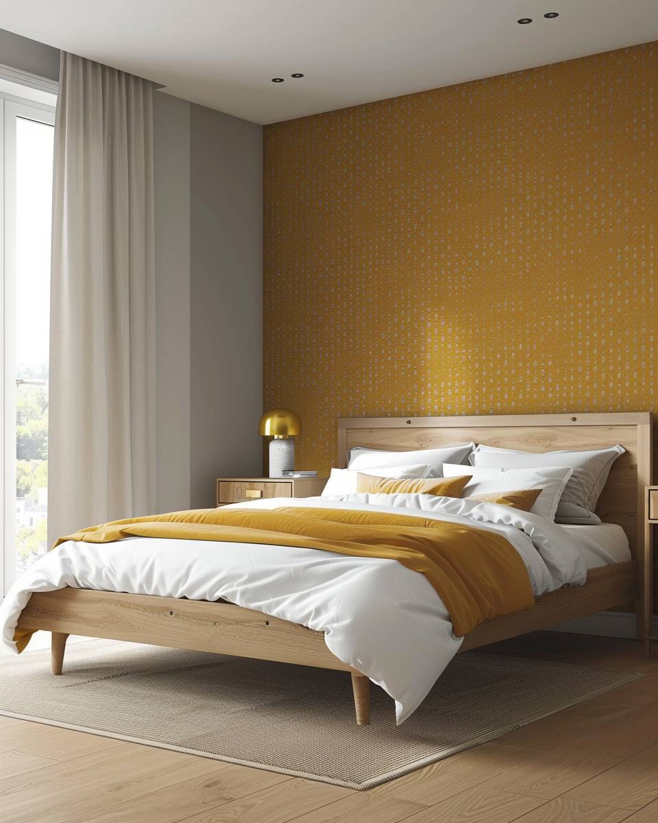 Schlafzimmer in Senfgelb gestalten- Spiele mit senfgelben Tapetenmustern hinter dem Bett