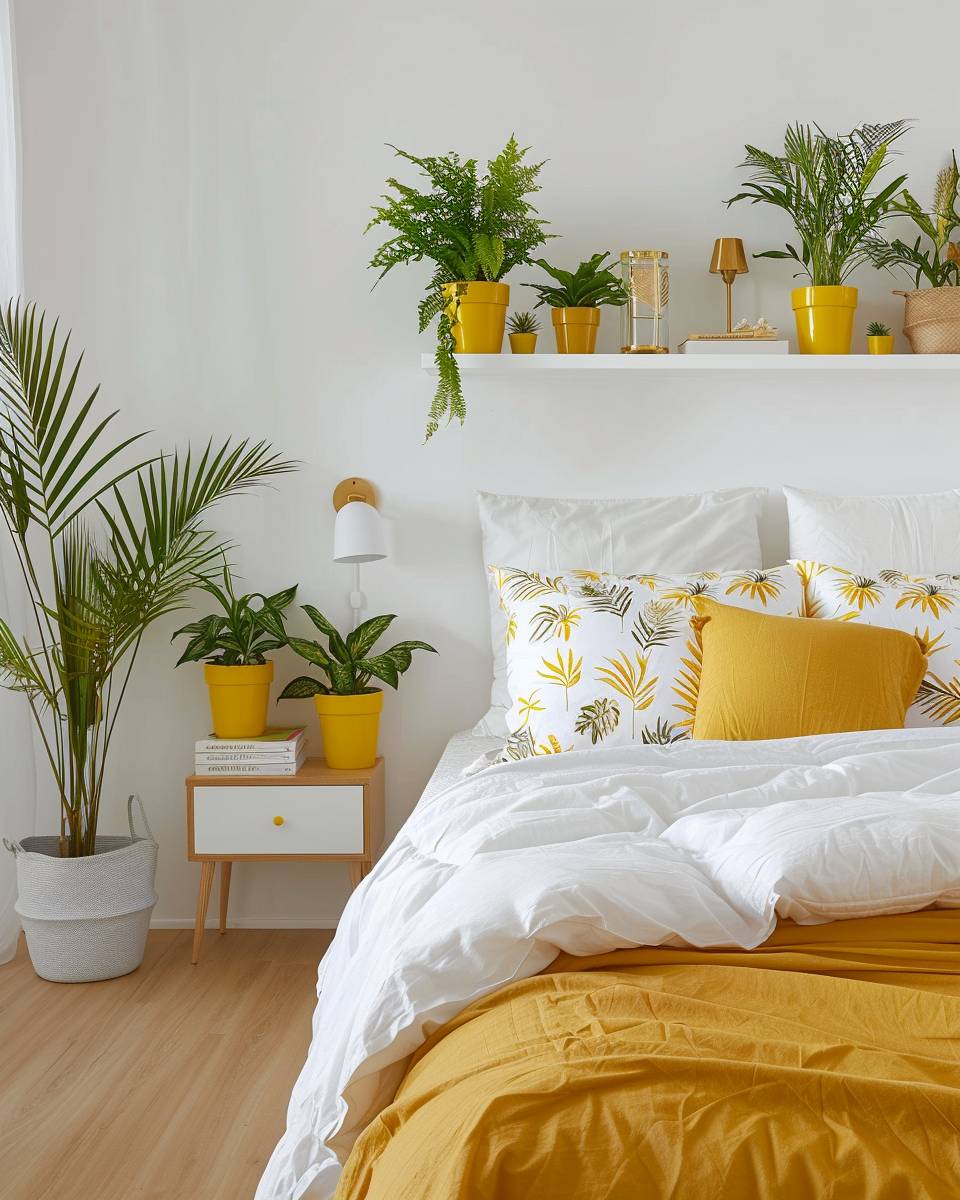 Schlafzimmer in Senfgelb gestalten- Stelle Pflanzen in senfgelben Übertöpfen auf