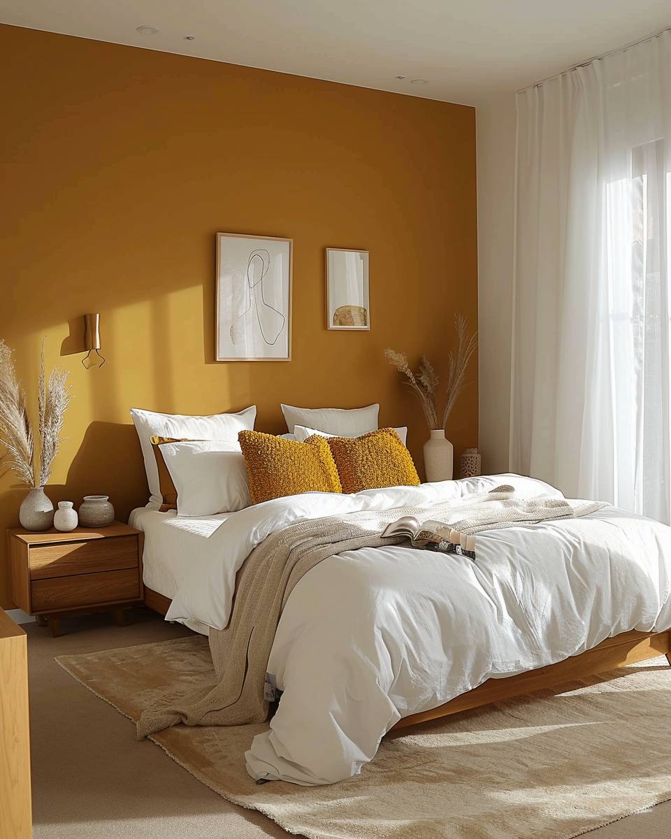 Schlafzimmer in Senfgelb gestalten- Streiche eine Wand in warmem Senfgelbton