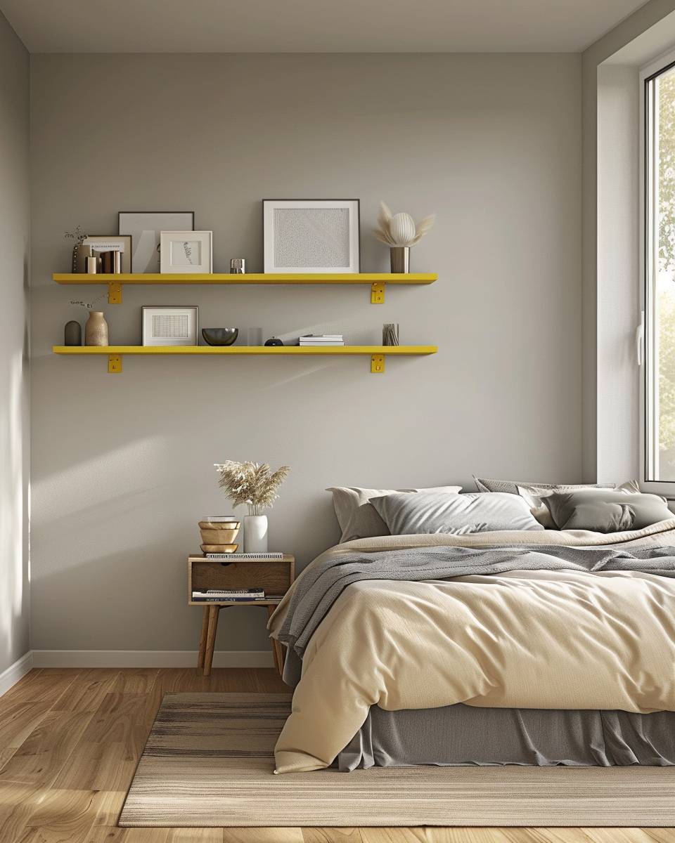Schlafzimmer in Senfgelb gestalten- Verwende Wandregale in Senfgelb für Deko