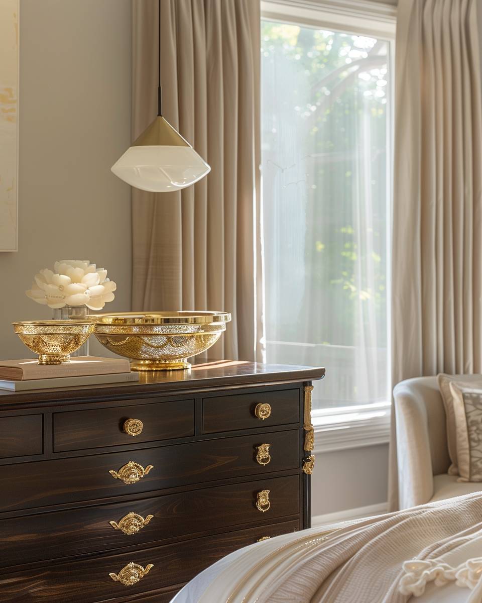 Schlafzimmer mit Gold einrichten- Schmücke die Kommode mit goldverzierten Schalen
