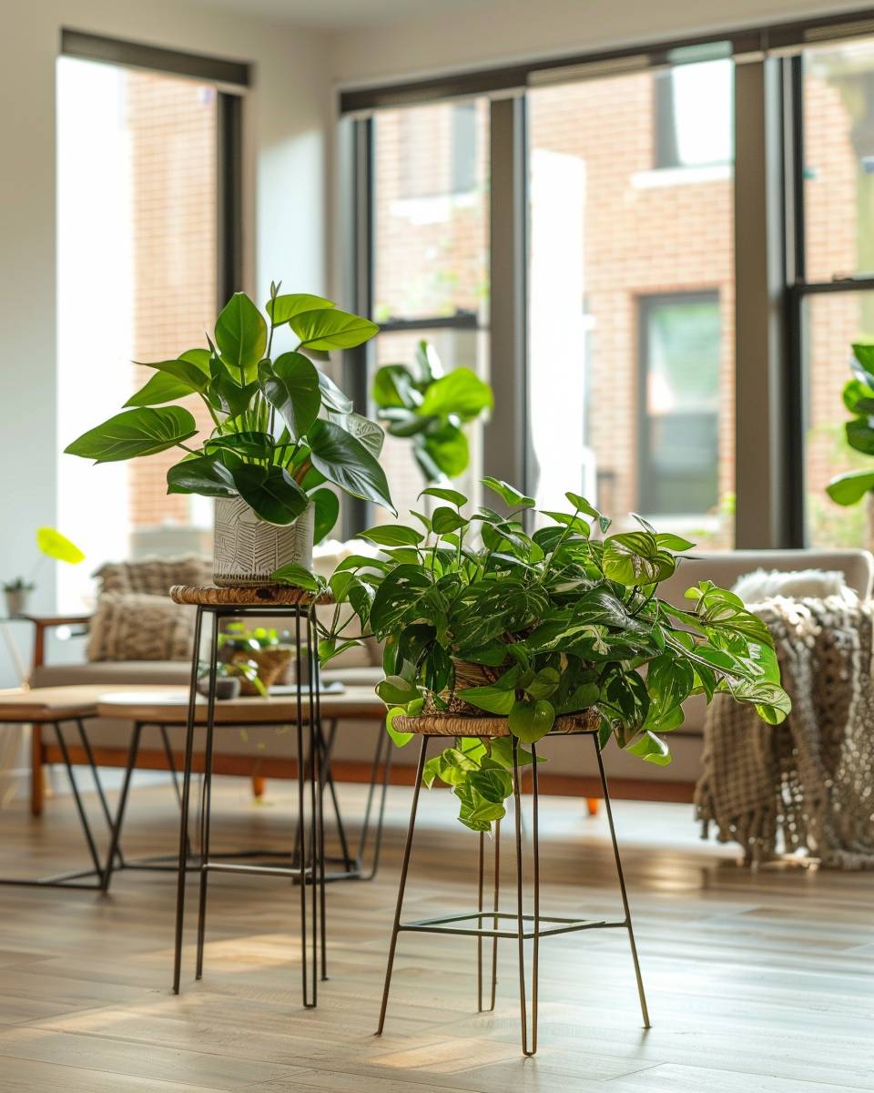 Urban Jungle wohnzimmer- Nutze Hocker als flexible Pflanzenpodeste