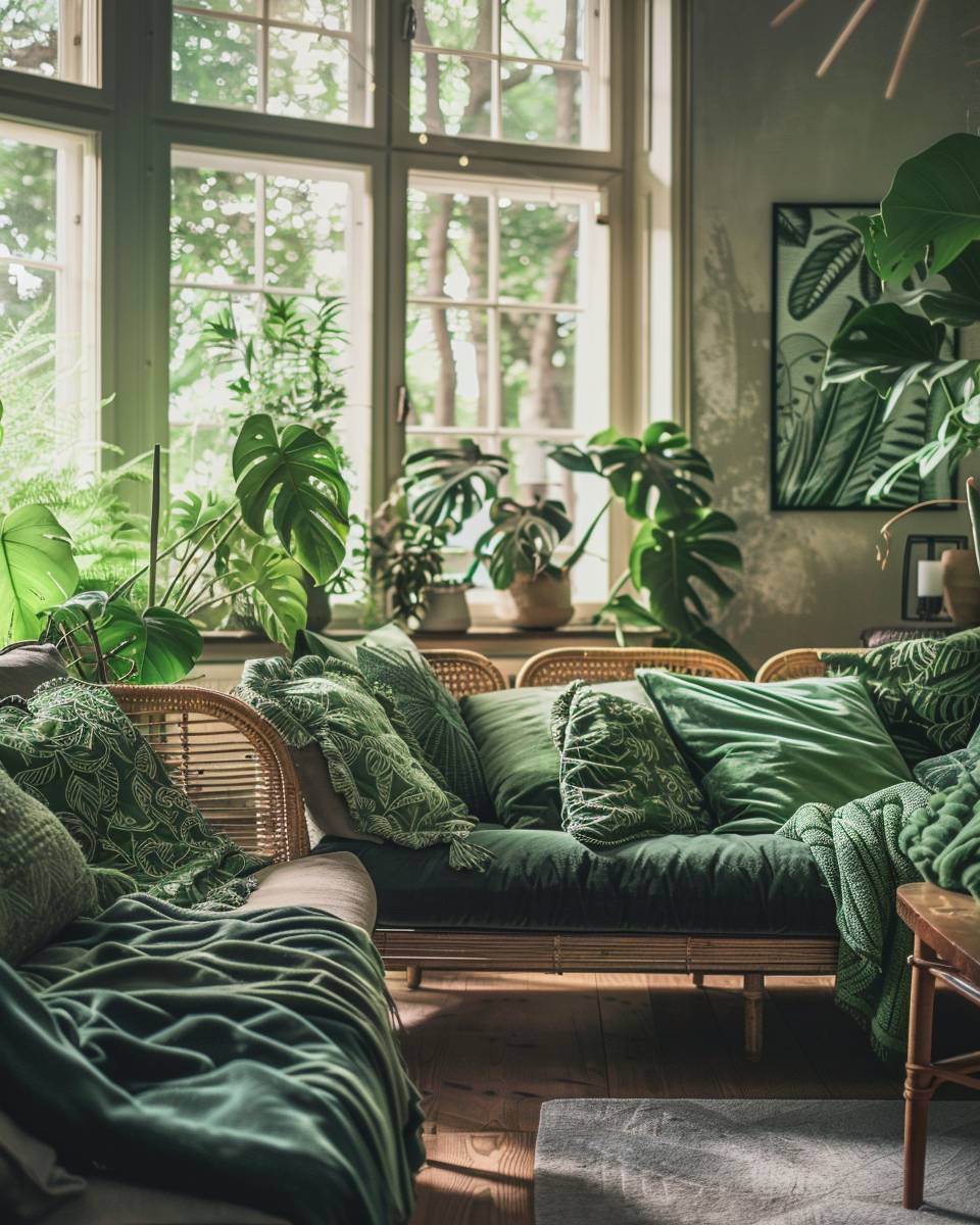 Urban Jungle wohnzimmer- Spiele mit unterschiedlichen Grüntönen bei Textilien