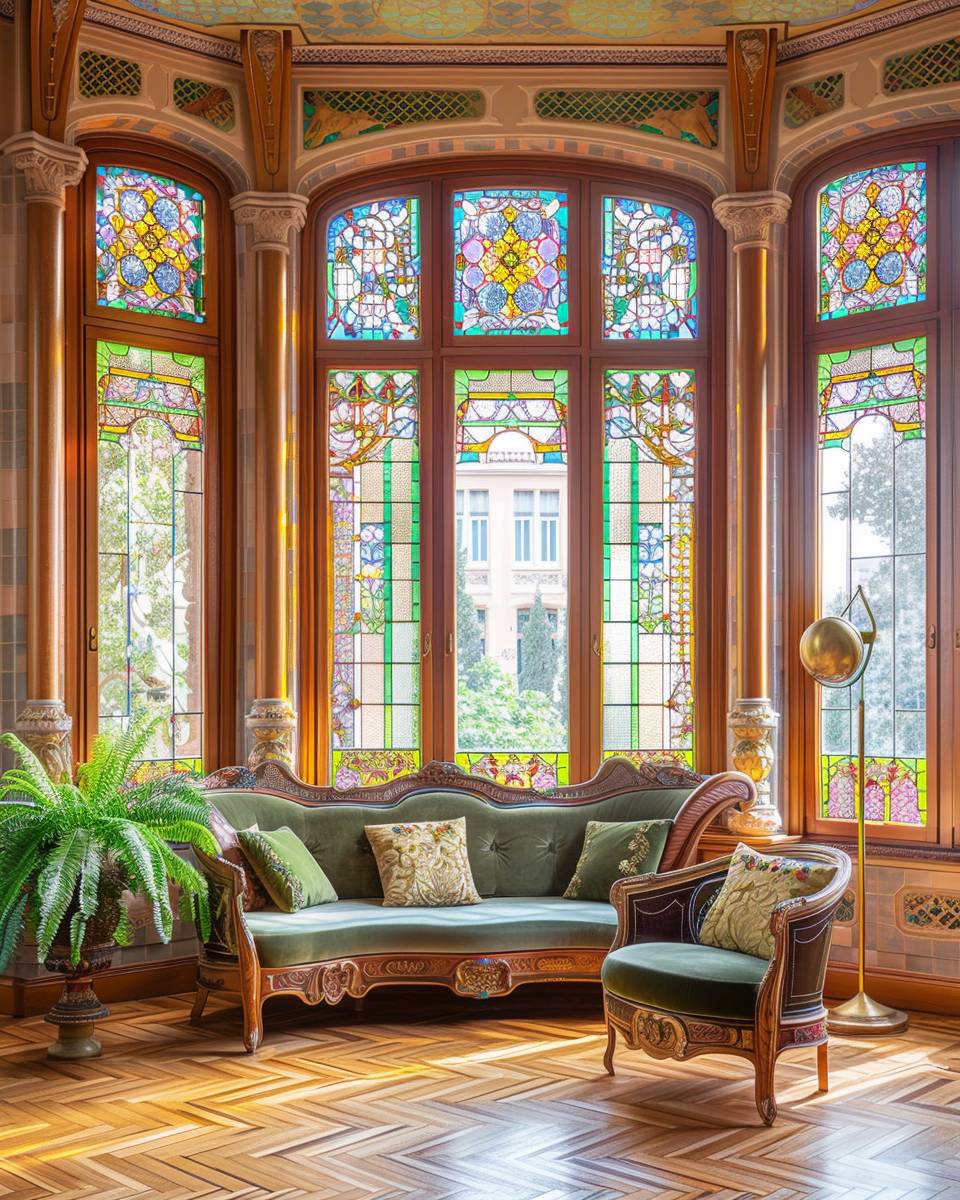 Wohnzimmer im Art Nouveau-Stil einrichten- Hebe Fenster mit buntem Bleiglas hervor