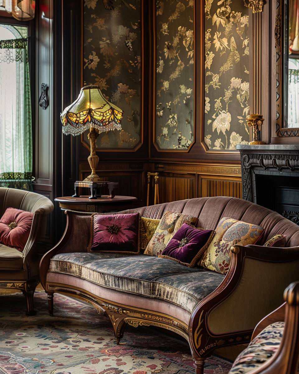 Wohnzimmer im Art Nouveau-Stil einrichten- Schmücke Polstermöbel mit gemusterten Samtkissen