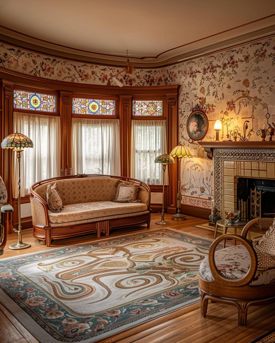Wohnzimmer im Art Nouveau-Stil einrichten- Verwende Tapetenbordüren mit dekorativen Linien