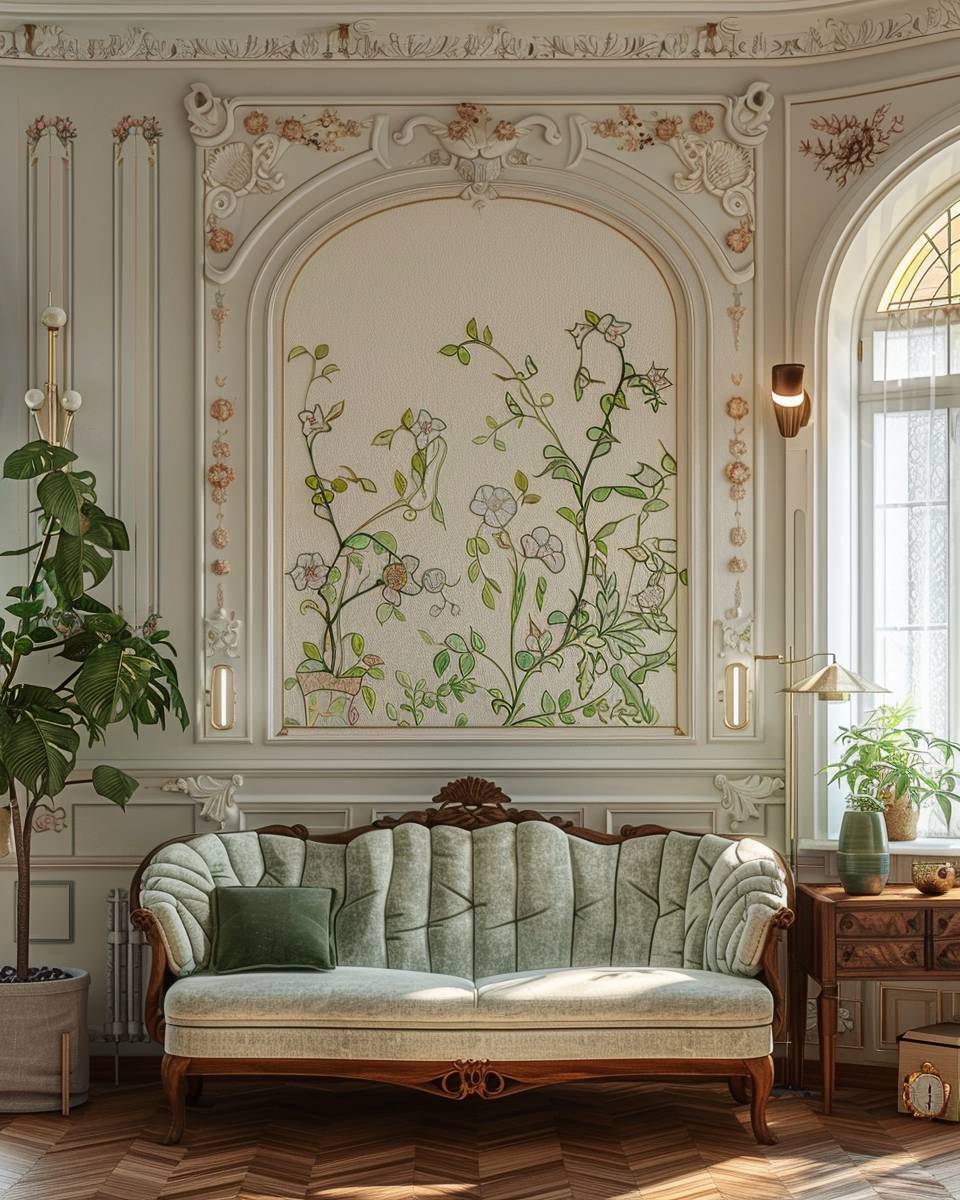 Wohnzimmer im Art Nouveau-Stil einrichten- Verziere Wände mit floralen Stuckelementen