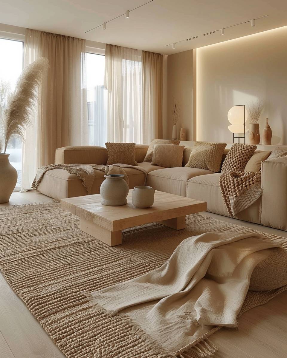 Wohnzimmer in Sandtönen gestalten-Spiele mit sandfarbenen Texturen und Stoffen