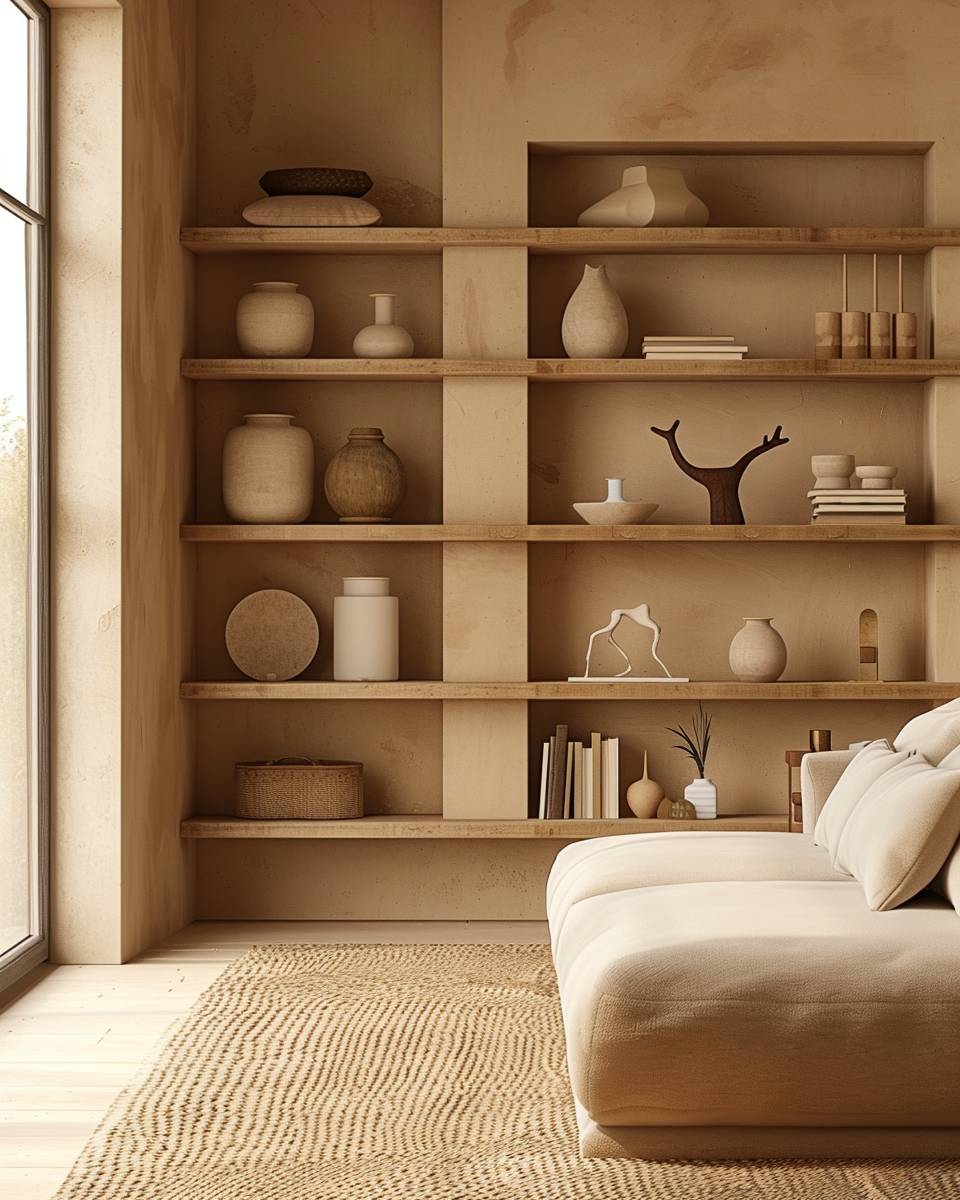 Wohnzimmer in Sandtönen gestalten- Arrangiere Regale mit sandfarbenen Deko-Objekten