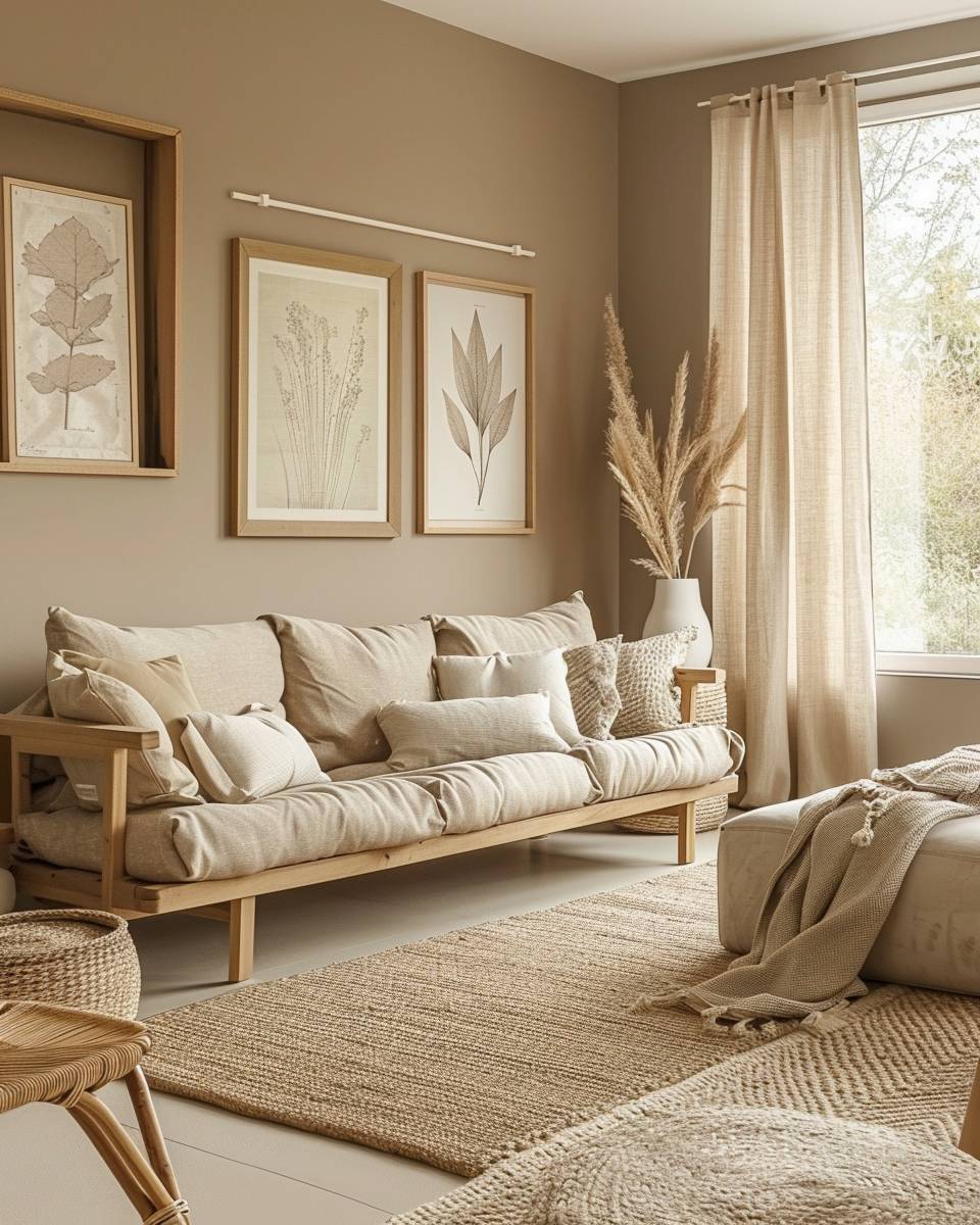 Wohnzimmer in Sandtönen gestalten- Hänge Bilder mit Naturmotiven in dezenten Rahmen auf