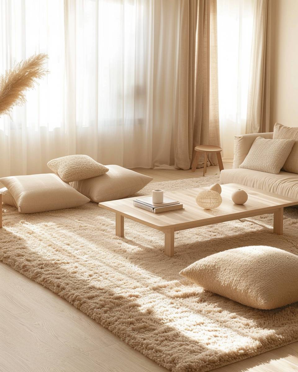 Wohnzimmer in Sandtönen gestalten- Ordne helle Teppiche für mehr Gemütlichkeit an