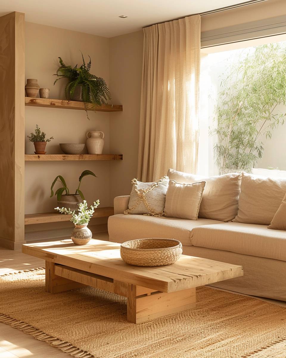 Wohnzimmer in Sandtönen gestalten- Setze auf natürliche Holz-Elemente im Raum