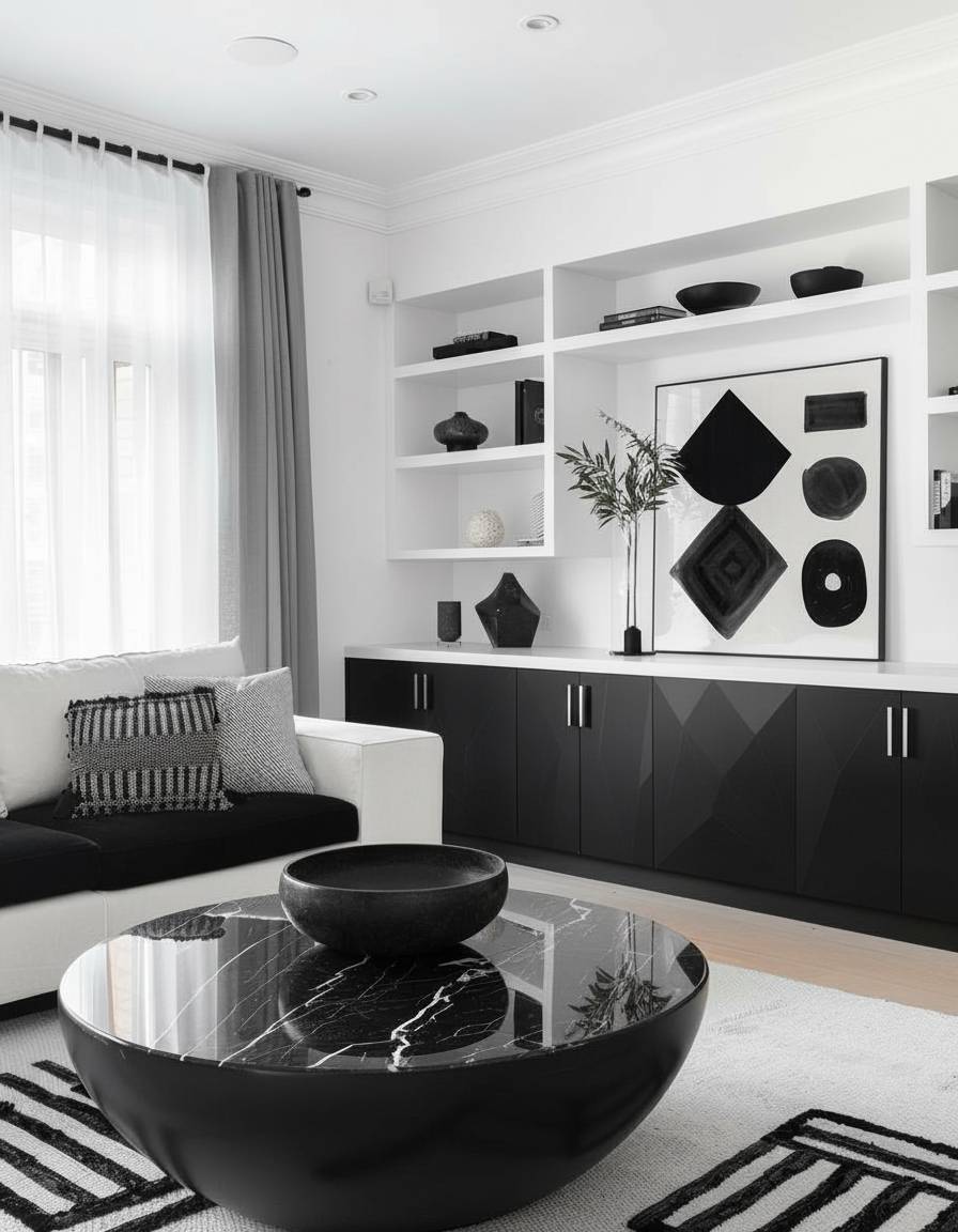 Wohnzimmer in Schwarz-Weiß gestalten- Ersetze Griffe durch kontrastierende Elemente