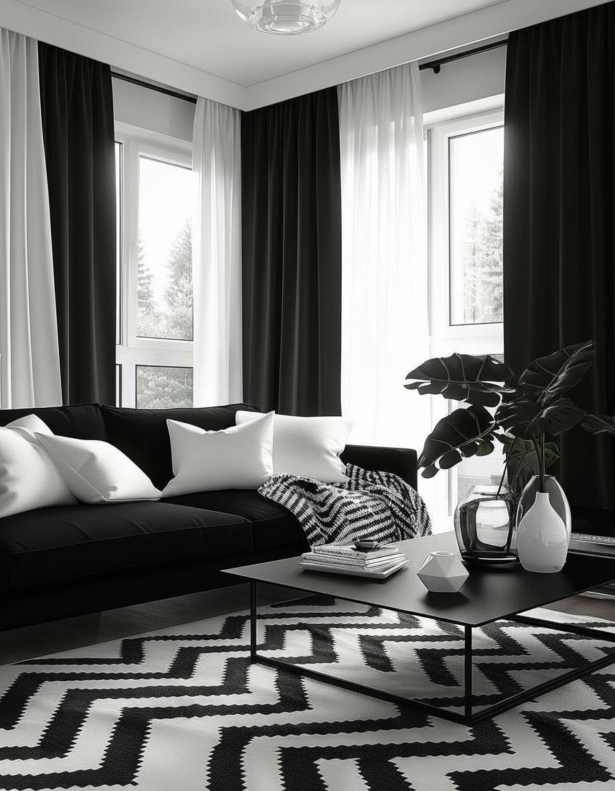 Wohnzimmer in Schwarz-Weiß gestalten- Wähle Vorhänge in klaren Nichtfarben