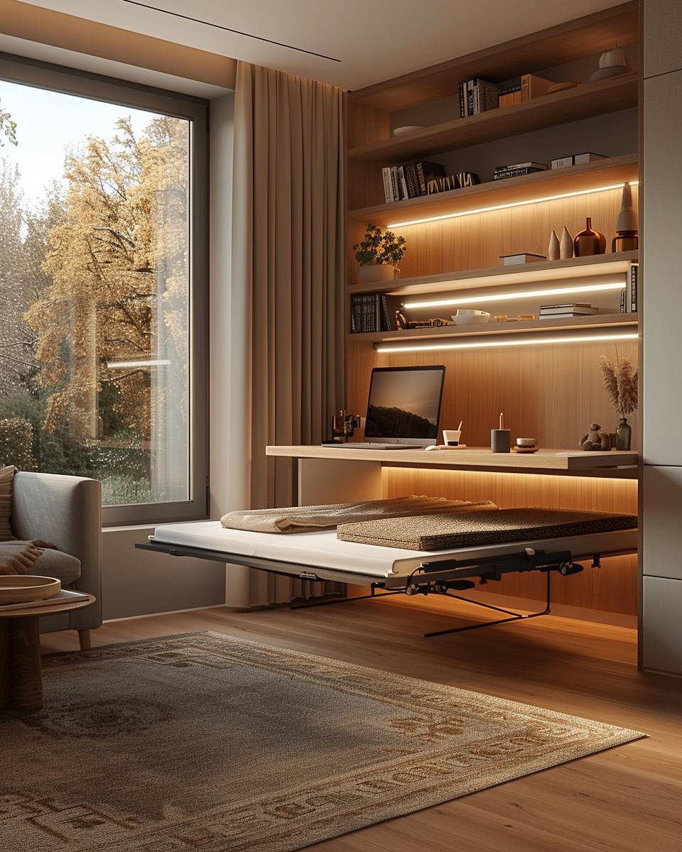 Arbeitszimmer und Gästezimmer kombinieren- Bringe ein ausziehbares Gästebett unter dem Schreibtisch an