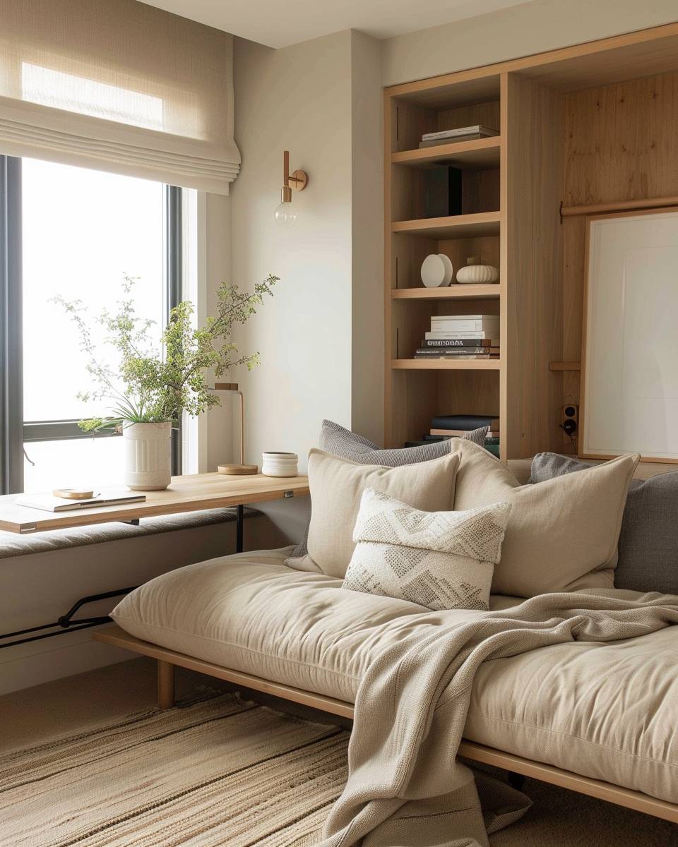 Arbeitszimmer und Gästezimmer kombinieren- Integriere versteckbare Regale für mehr Ordnung