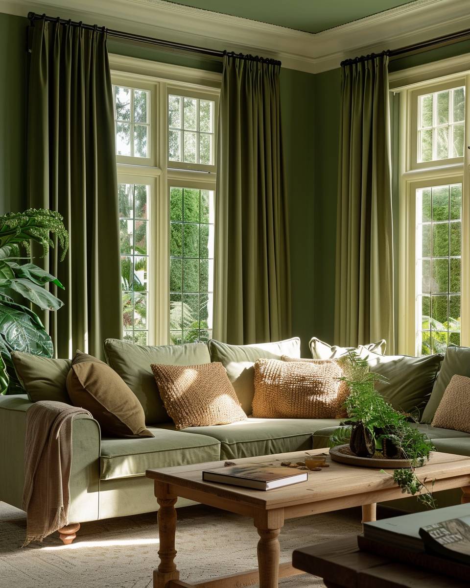 Ideen: Wohnzimmer in Olivgrün- Schmücke deine Fenster mit grünen Vorhängen