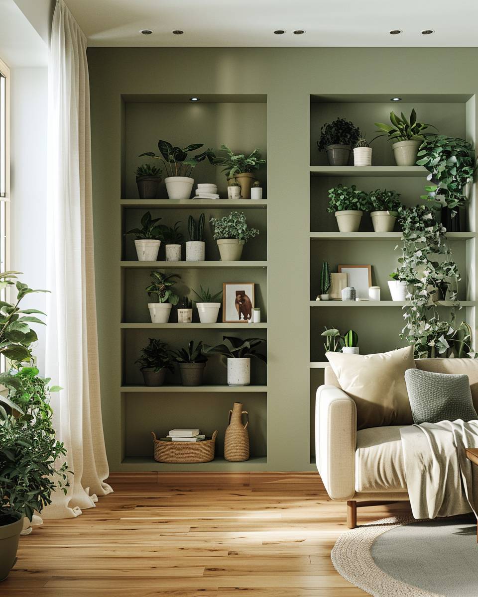 Ideen: Wohnzimmer in Olivgrün- Verteile Wandregale in Olive für Pflanzen