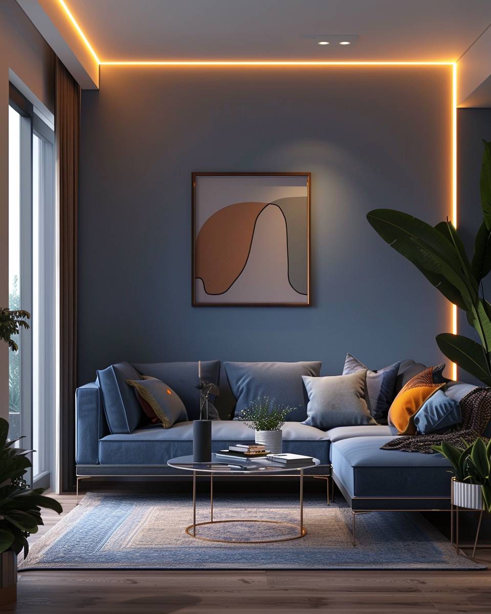 Ideen: Wohnzimmer in Petrol- Betone Ecken mit indirekter Beleuchtung