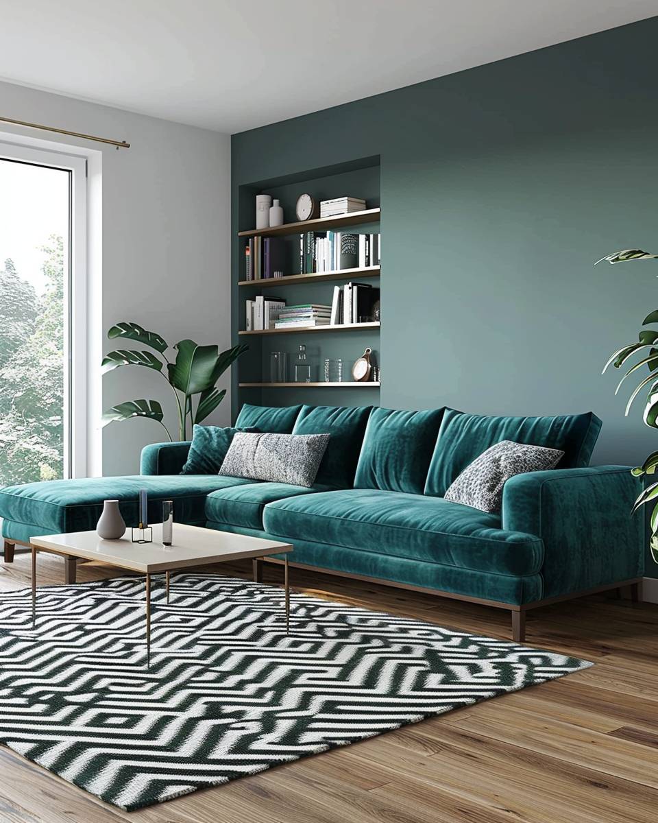 Ideen: Wohnzimmer in Petrol- Probiere Teppiche in geometrischen Mustern