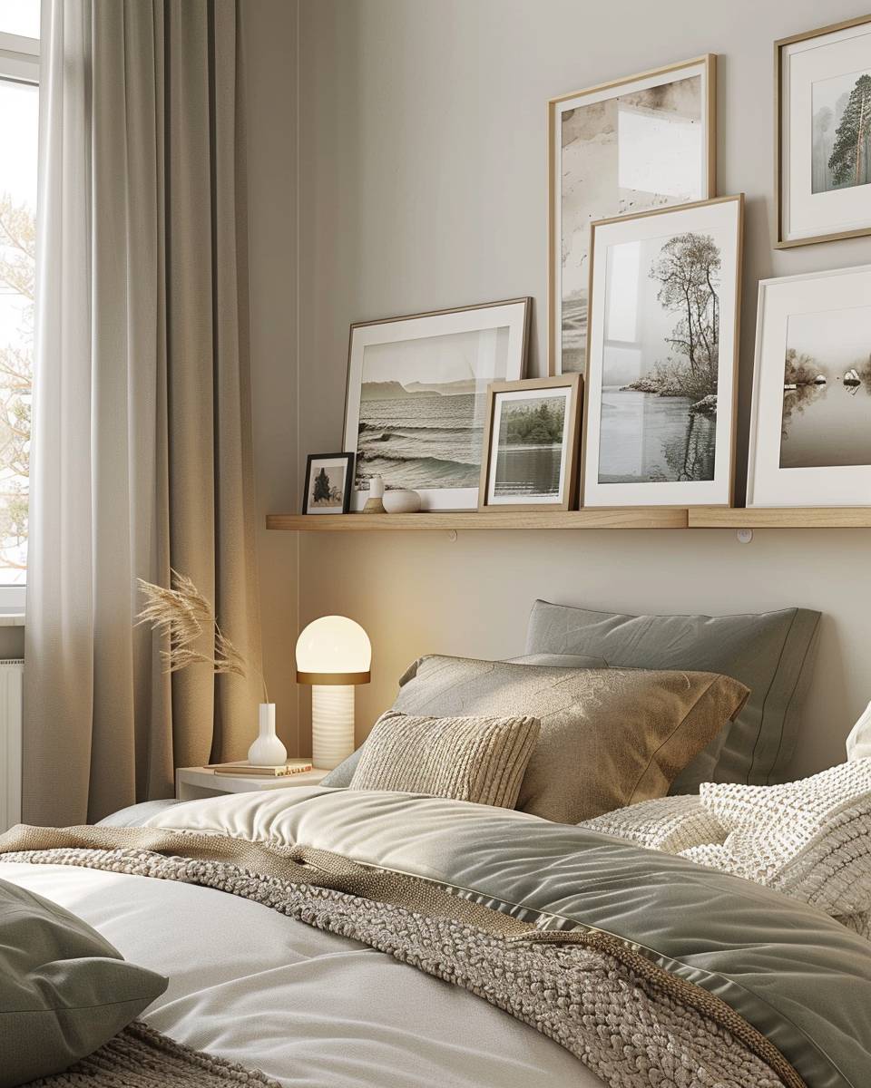 Ideen für Wanddeko im Schlafzimmer- Ordne schmale Bilderleisten für wechselnde Kunst