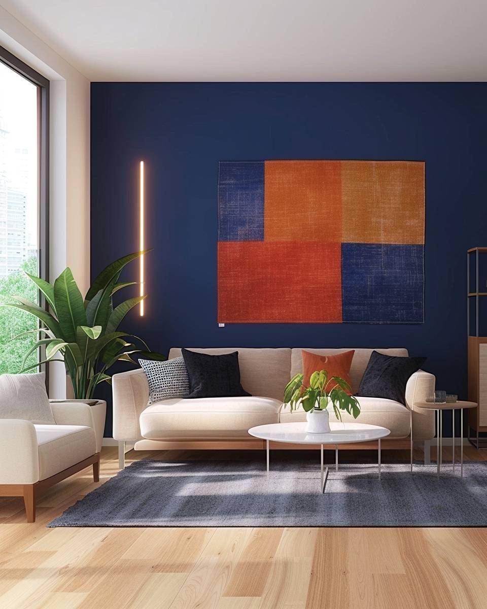 Ideen für Wandteppiche im Wohnzimmer- Kreiere Kontraste mit kräftigen Hintergrundfarben