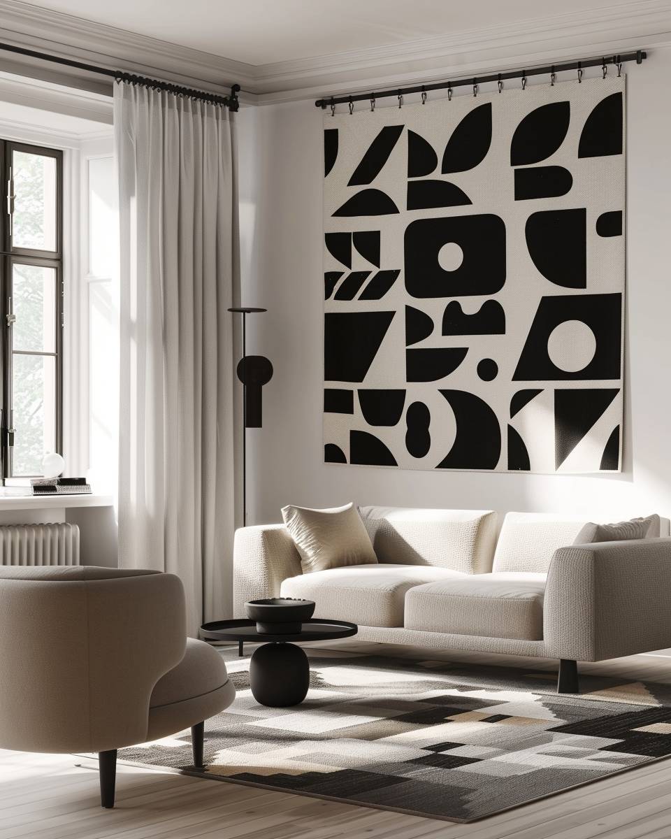 Ideen für Wandteppiche im Wohnzimmer- Setze auf minimalistische monochrome Muster