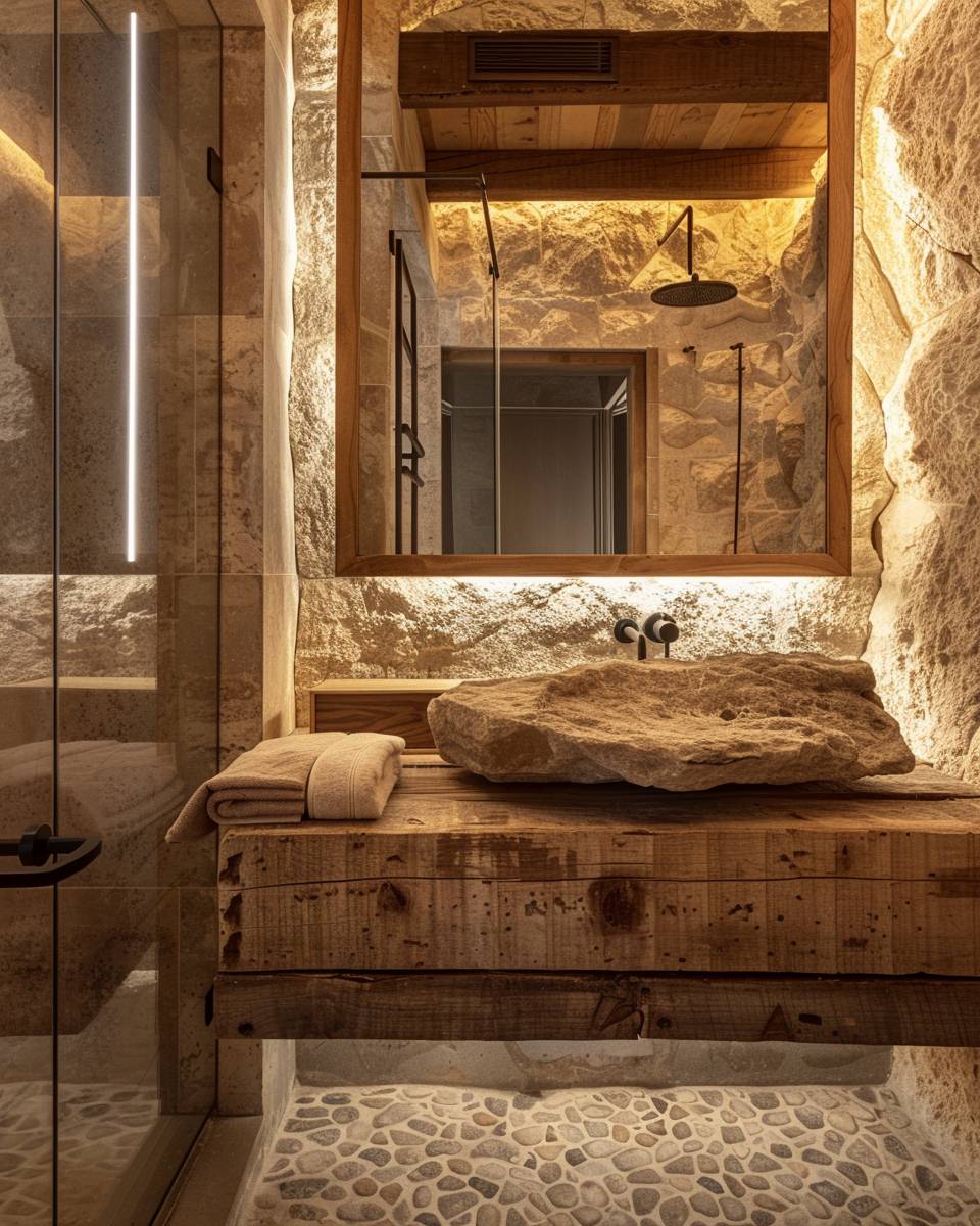 Rustikales Badezimmer einrichten- Platziere eine Stein-Schale als Waschbecken