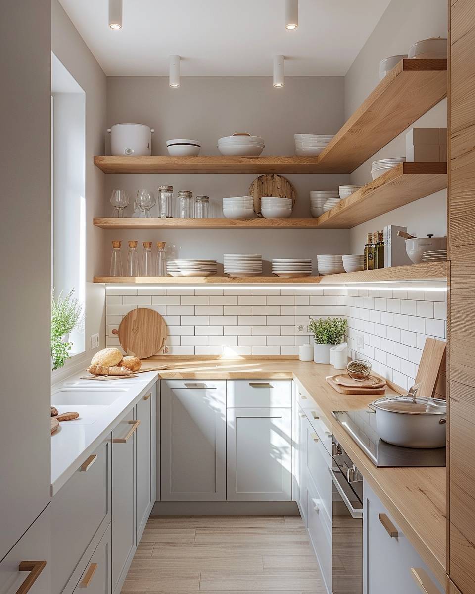 Schmale Küche einrichten- Arrangiere offene Regale für leichte Optik