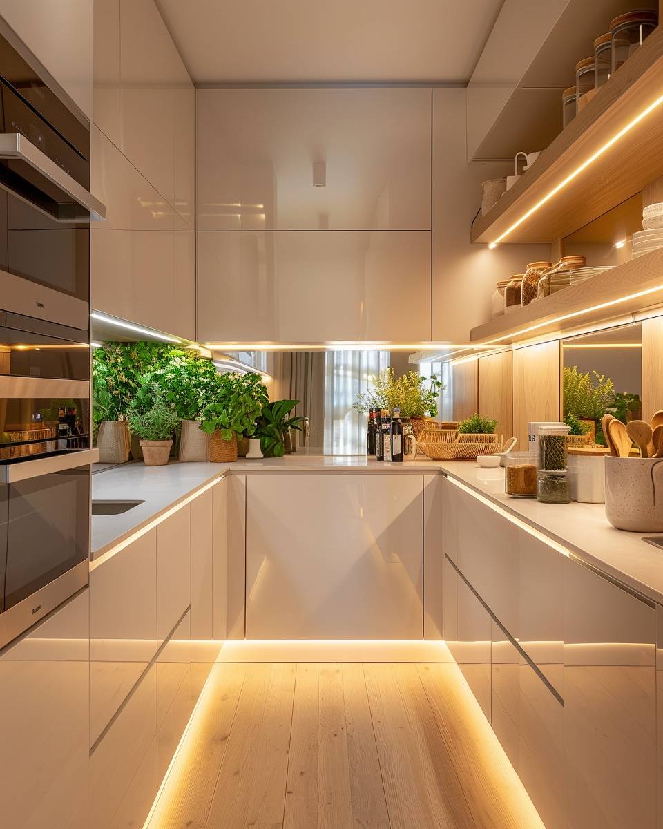 Schmale Küche einrichten- Verwende Spiegelflächen für optische Tiefe