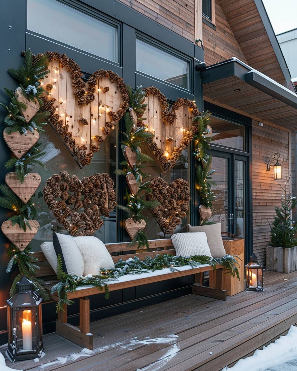 Weihnachtliche Holzdeko für Draußen- Klebe Tannenzapfen an Holzherzen