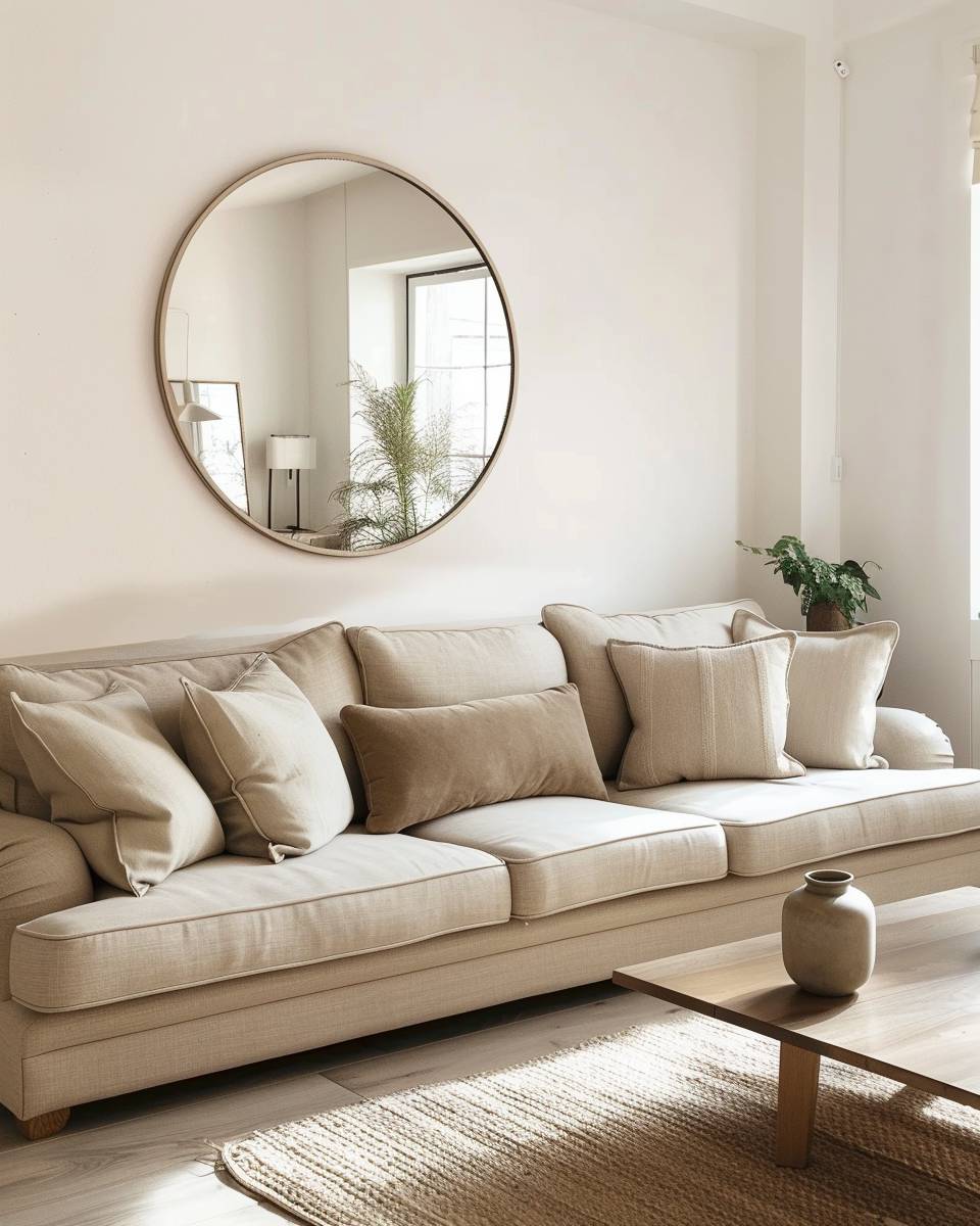 Wohnzimmer-Ideen mit beigefarbenem Sofa- Integriere Wandspiegel für mehr Raumgefühl