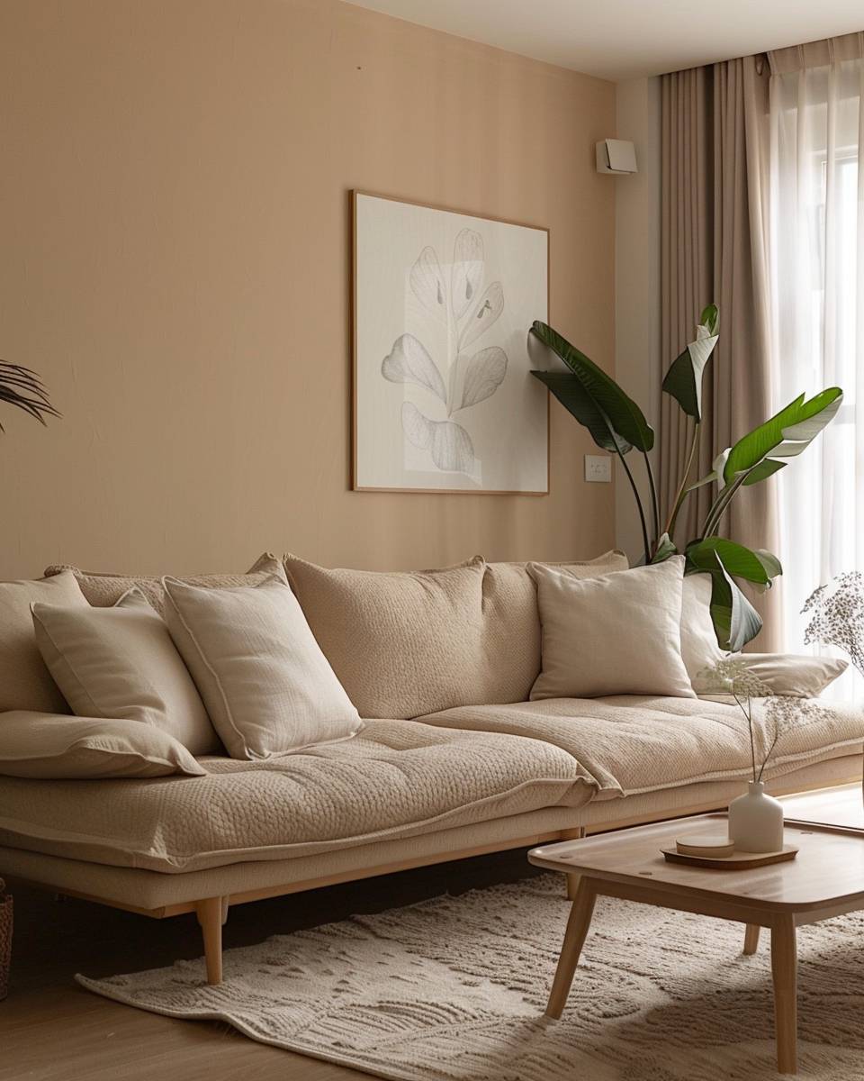 Wohnzimmer-Ideen mit beigefarbenem Sofa- Streiche eine Wand in warmer Sandfarbe