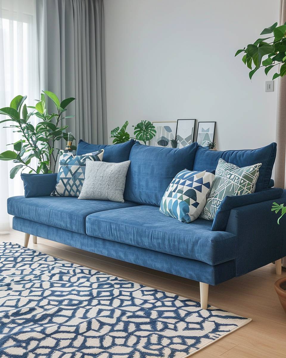 Wohnzimmer-Ideen mit blauem Sofa- Probiere einen gemusterten Teppich darunter aus