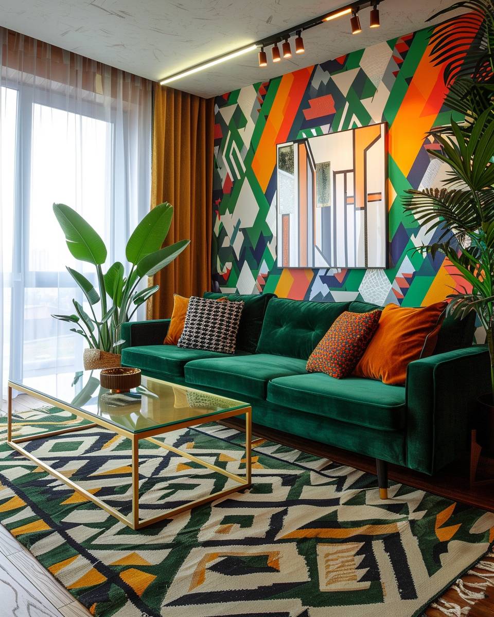Wohnzimmer-Ideen mit grünem Sofa- Probiere geometrische Muster im Raum aus