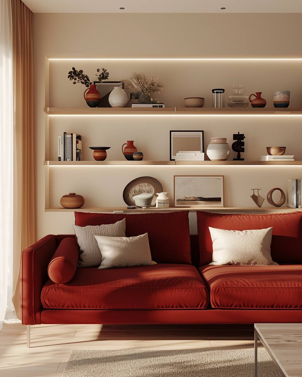 Wohnzimmer-Ideen mit rotem Sofa- Bringe Wandregale für stilvolle Dekoelemente an